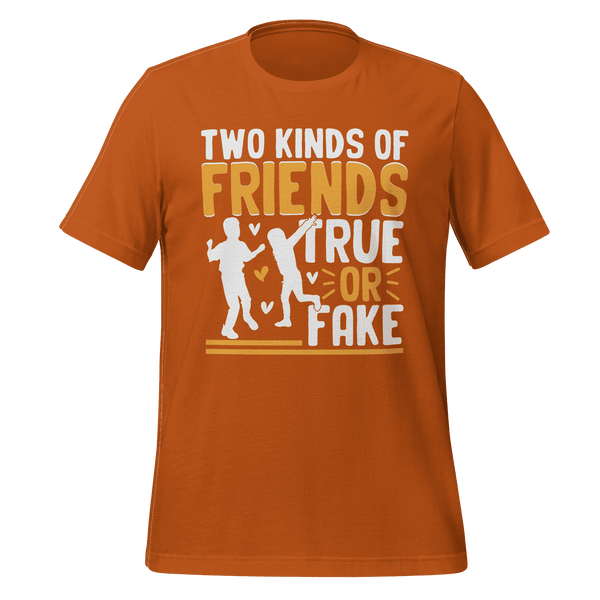 Orange t-shirt with graphic design and text on a green background