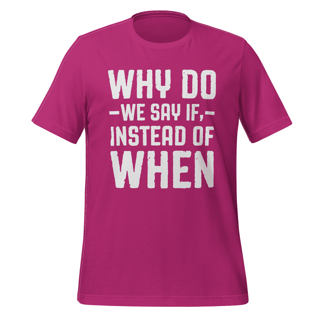 Pink t-shirt with white text on a green background