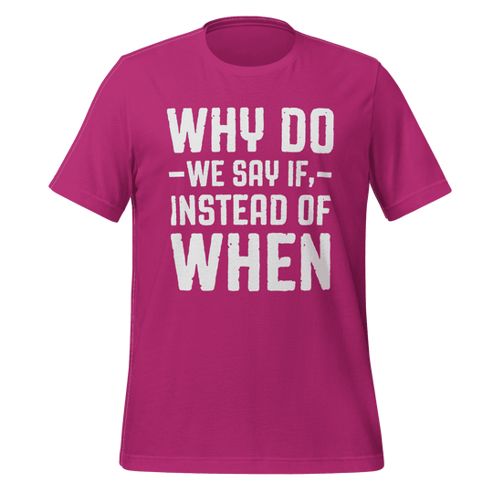 Pink t-shirt with white text on a green background