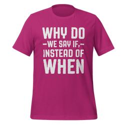 Pink t-shirt with white text on a green background