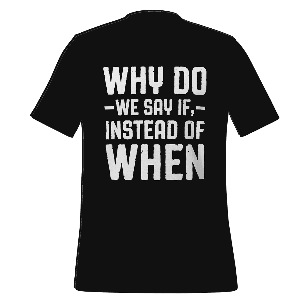 Black t-shirt with white text on a green background