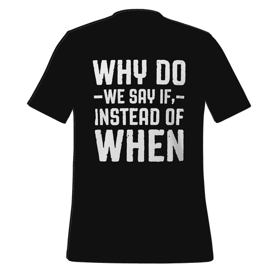 Black t-shirt with white text on a green background