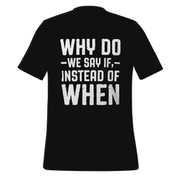 Black t-shirt with white text on a green background