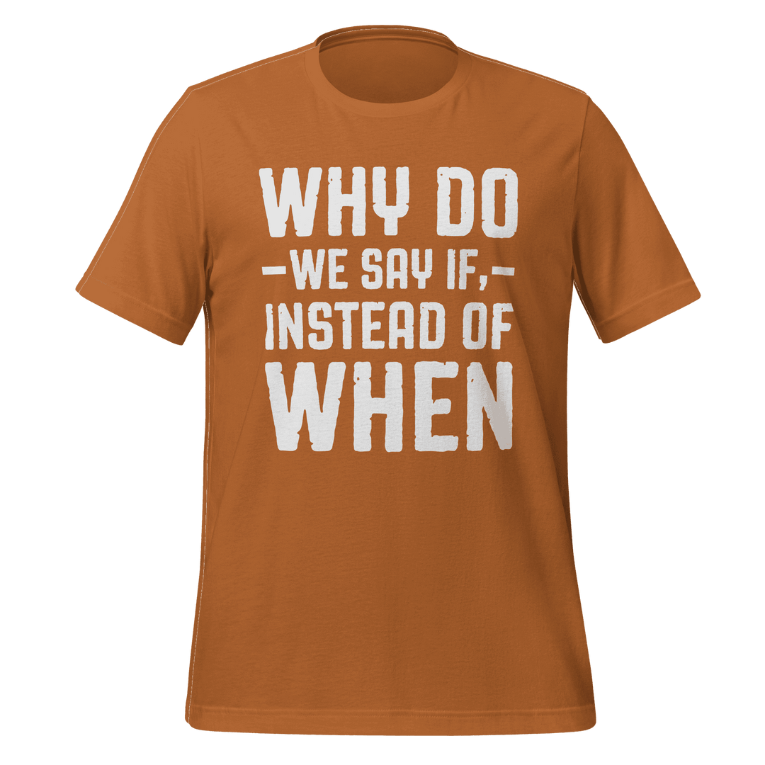 Brown t-shirt with white text on a green background