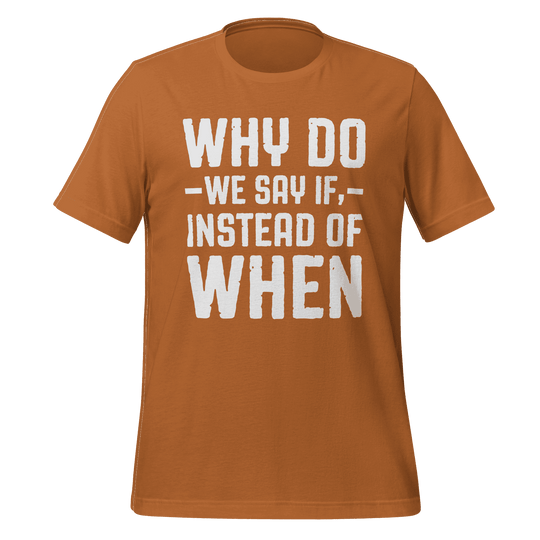 Brown t-shirt with white text on a green background