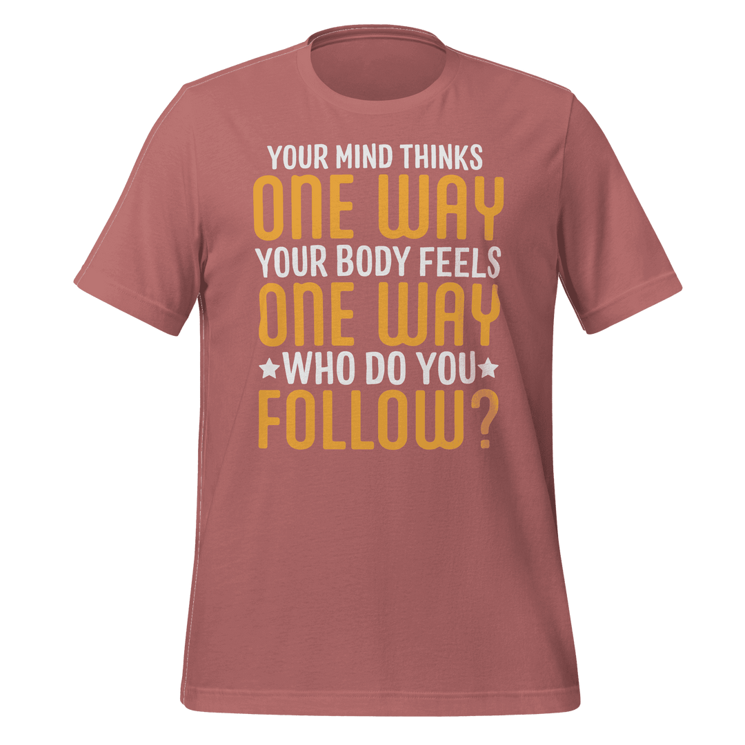 Maroon t-shirt with motivational quote on a green background