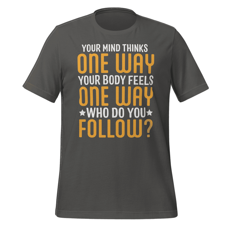 Gray t-shirt with motivational quote in yellow and white text on a green background