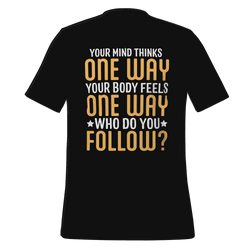 Black t-shirt with motivational quote on the back against a green background