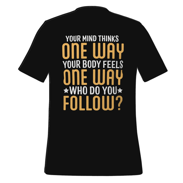 Black t-shirt with motivational quote on the back against a green background