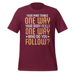 Maroon t-shirt with motivational quote in yellow text on a green background