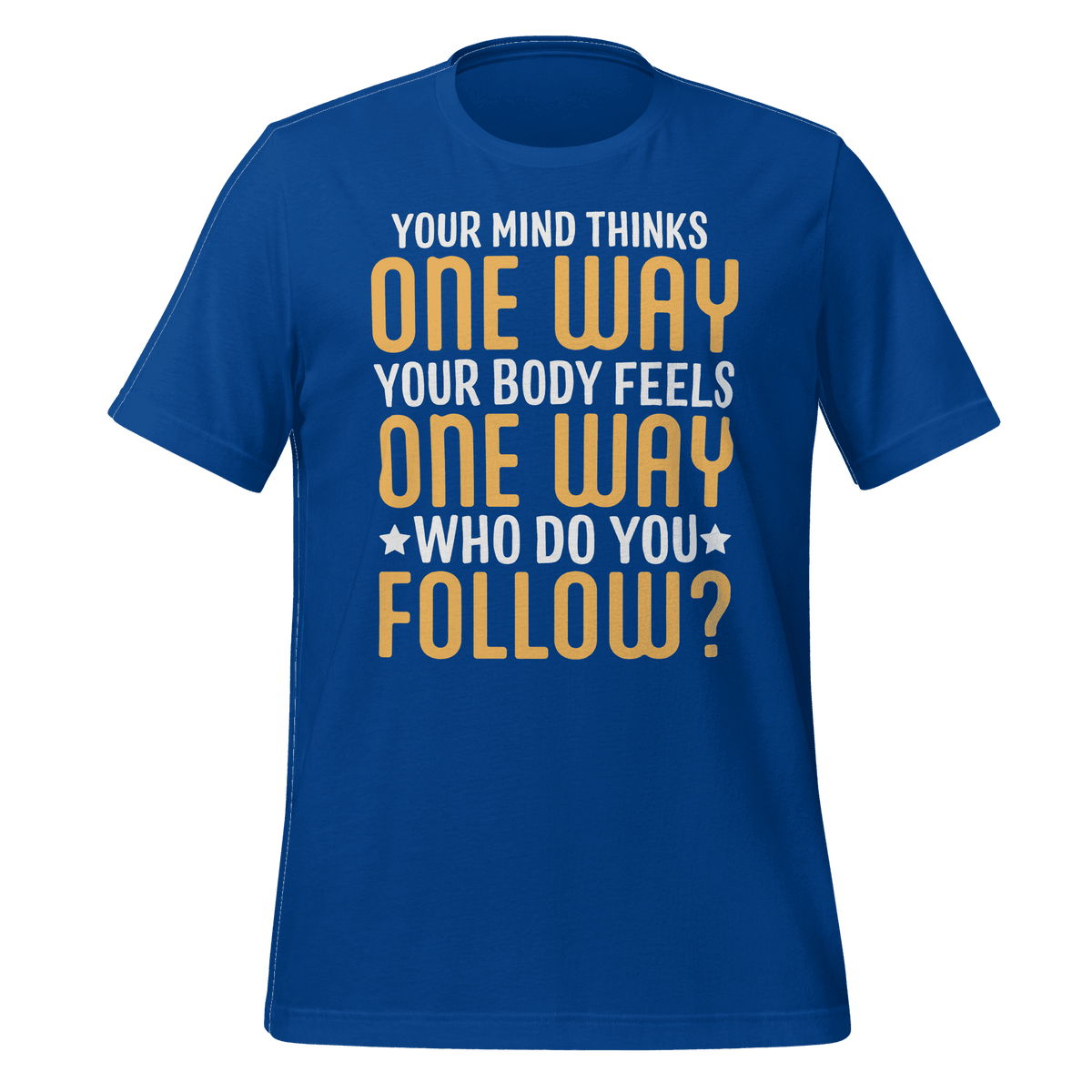 Blue t-shirt with motivational quote on a green background