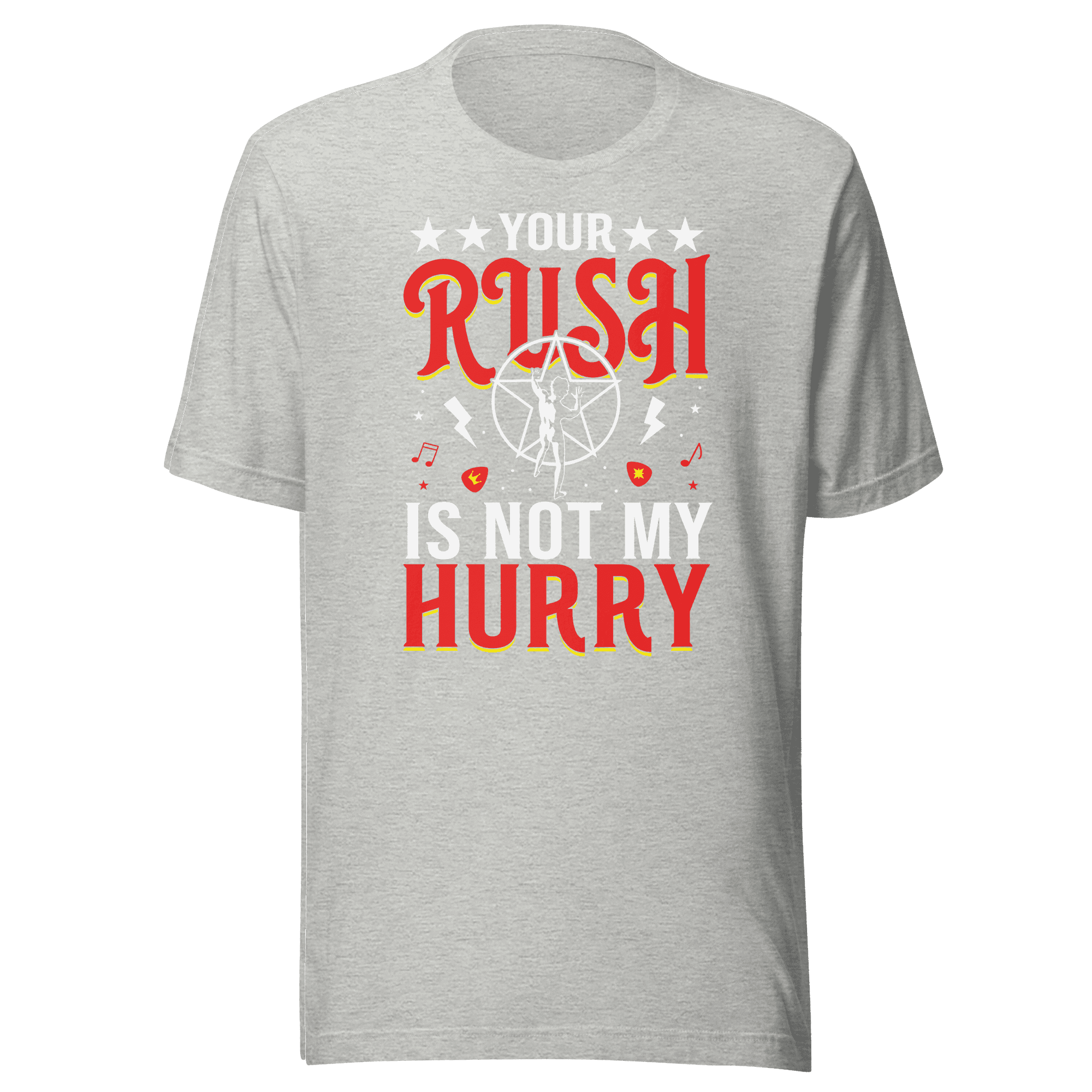 Gray t-shirt with red and white text on a green background