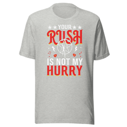 Gray t-shirt with red and white text on a green background