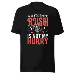 Black t-shirt with colorful graphic and text on a transparent background