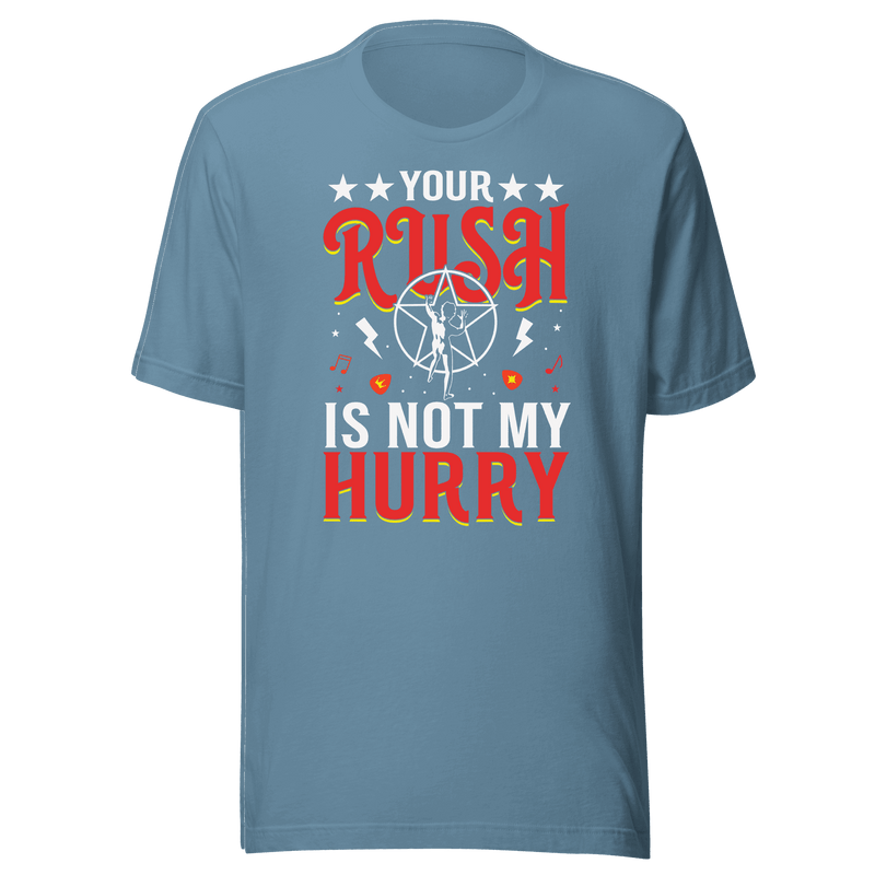 Blue t-shirt with red and white text on a green background