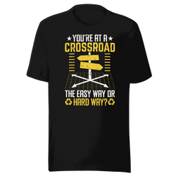 Black t-shirt with yellow and white graphic and text on a transparent background