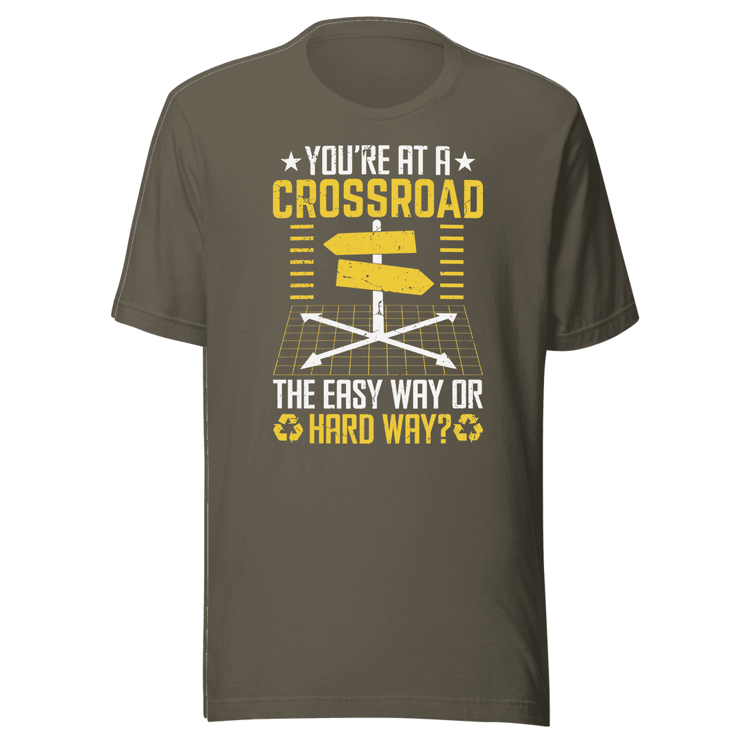 Brown t-shirt with yellow graphic and text on a green background