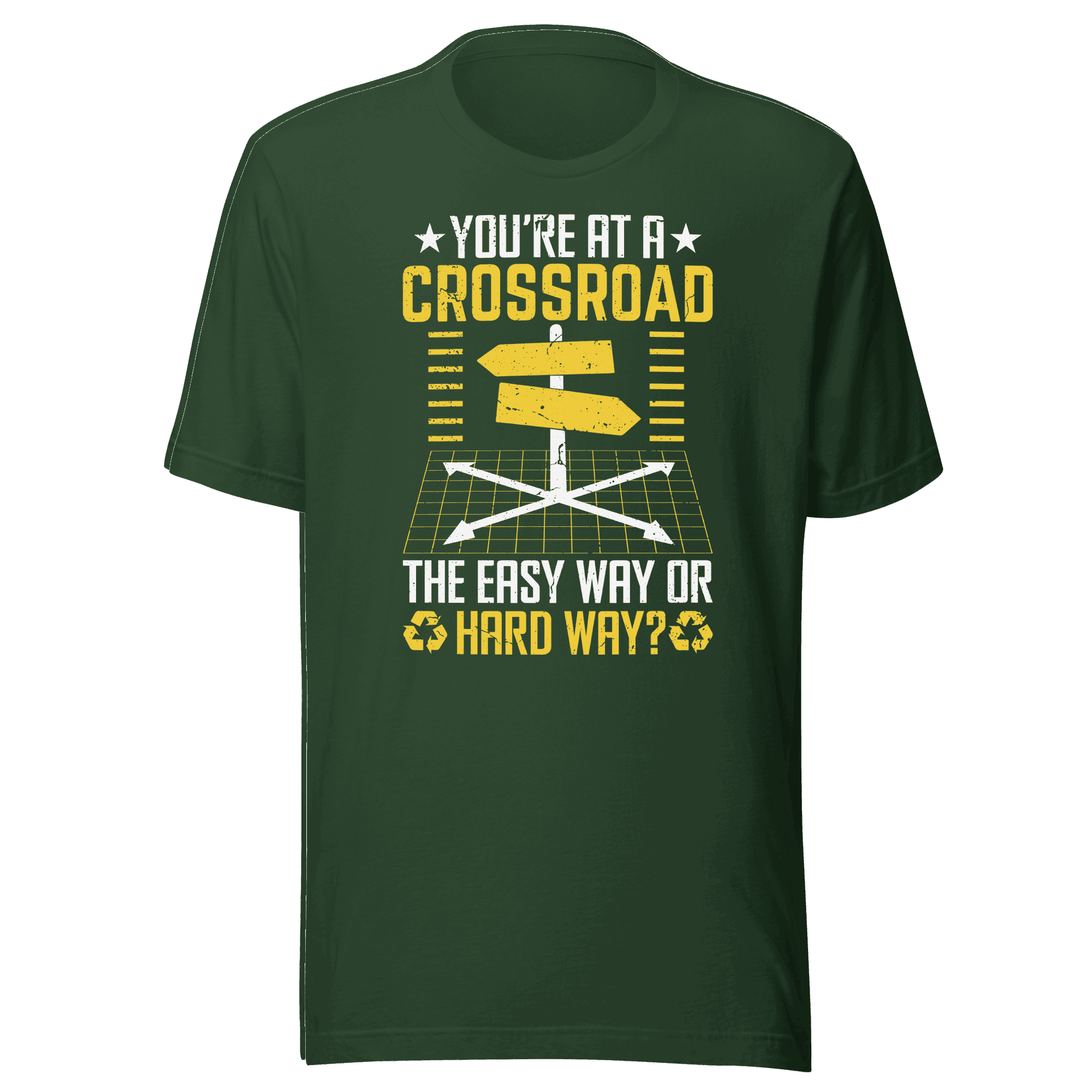 Green t-shirt with yellow and white graphic and text on a green background
