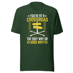 Green t-shirt with yellow and white graphic and text on a green background
